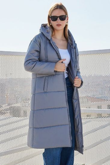 5120 Kapşonlu Uzun Şişme Mont - Gri resmi